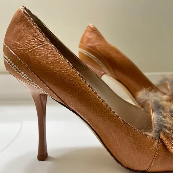 Vintage Dior Leather Fur Brown/Camel 4" High Heels US 9.5 EU 39.5 With Box - Picture 2 of 10